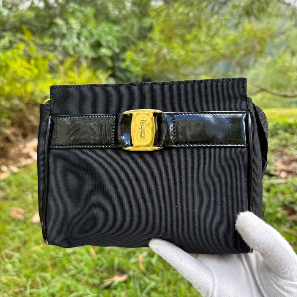 Salvatore Ferragamo Bow Vara Clutch Soft Nylon Black Small Pouch Authentic